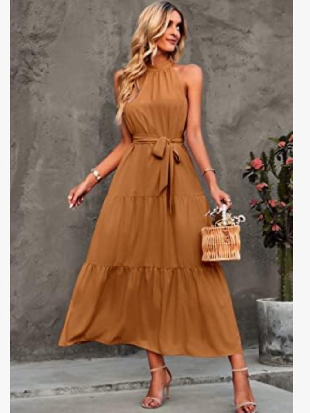 PRETTYGARDEN Maxi  Sleeveless Halter Neck Flowy Ruffle Hem Long Boho Dress